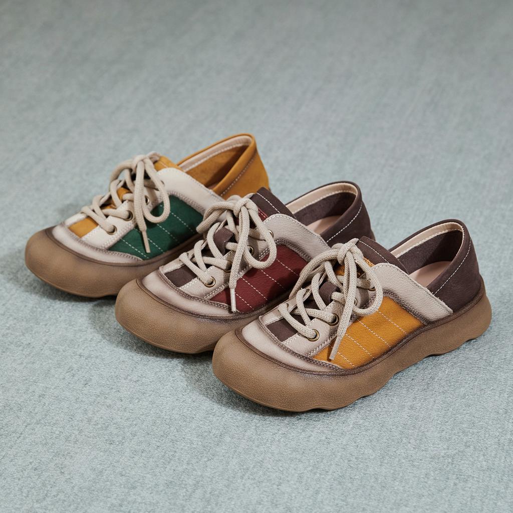 Johnature Genuine Leather Mixed Colors Casual Shoes Versatile Soft Soled Lace-up Flat Women's Shoes
