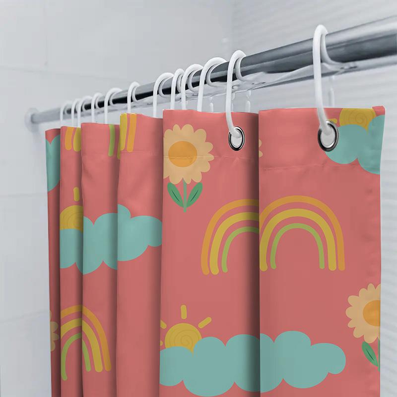 Pink Shower Curtain With Sunshine Clouds Rainbow Flowers Decorative Waterproof Bath Mat Room Home Decoration Printing Size: 180X