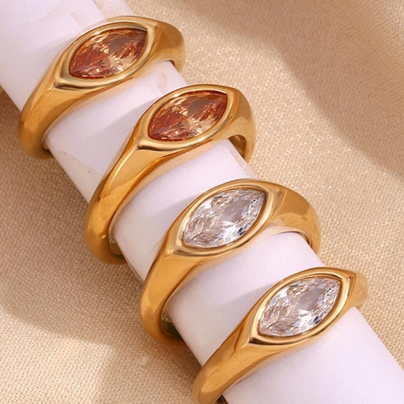 Horse Eye Zircon Seal Ring Colorful 18K Gold Plated Ring Stainless Steel Finger Jewelry Everyday Wear Accessories