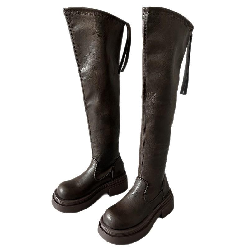 Queen Fan Brown British Style Over Knee Platform Boots Women's Summer 2025 New Versatile Height Increasing and Skinny Boots