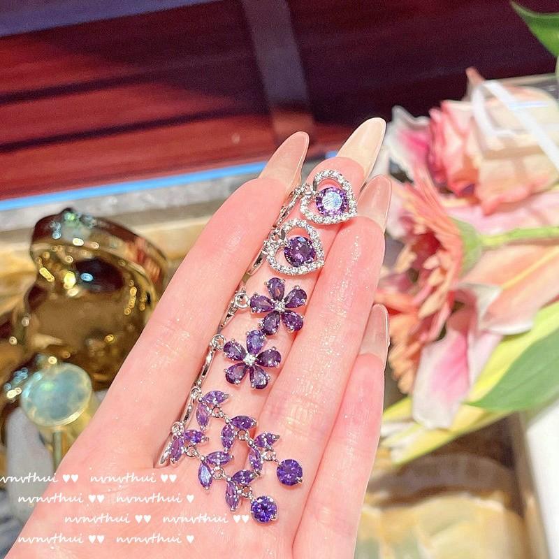 Lake Light And Water Shadow Purple Tanzanite Flower Earrings, Antique, 18K Gold Wheat Ear Plated Geometric Zircon Inlaid Earrings.