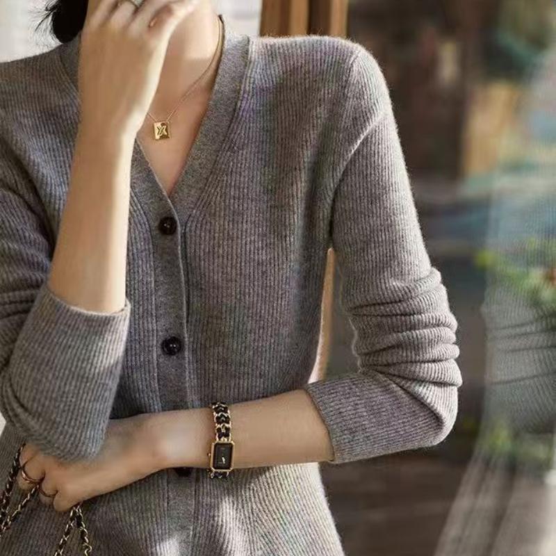 Designer Fishtail Hem Waist Slimming Knit Sweater Women Autumn Winter V Neck Versatile Cardigan Top