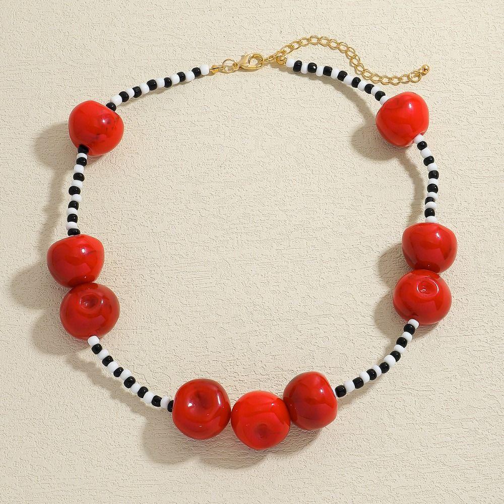 Minority Design Fruit Cherry Necklace Handmade Y2K Clavicle Chain Red Bead Necklace  Women