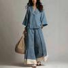 Women's Spring Summer French Linen Cotton Set V Neck 3/4 Sleeve Shirt + Color Block Wide Leg Pants Outfit