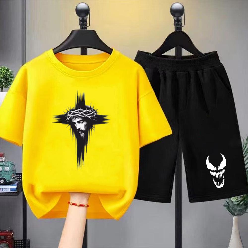 Hip Fashion Hop Trend Street Art Print Summer T-shirt+shorts Boy Black Girl Sets T-shirt kids Tops Casual Tees round neck-Neck
