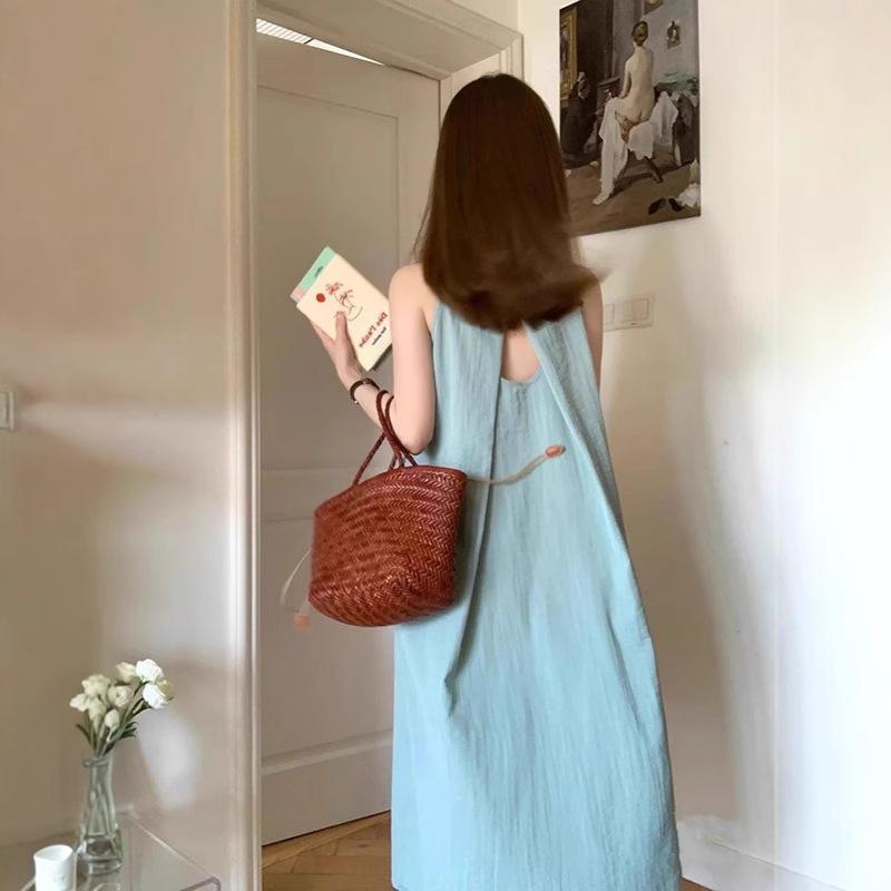 French Mori Pleated Sleeveless Dress Women's Summer Lazy Wind Loose Vest Long Dress Seaside Vacation Beach Dress
