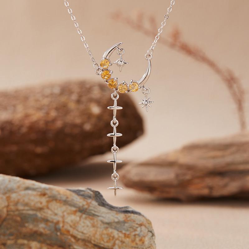 Natural Citrine Color Sapphire Pendant Necklace Women'S S925 Silver Color Treasure Jewelry Moon Star Design