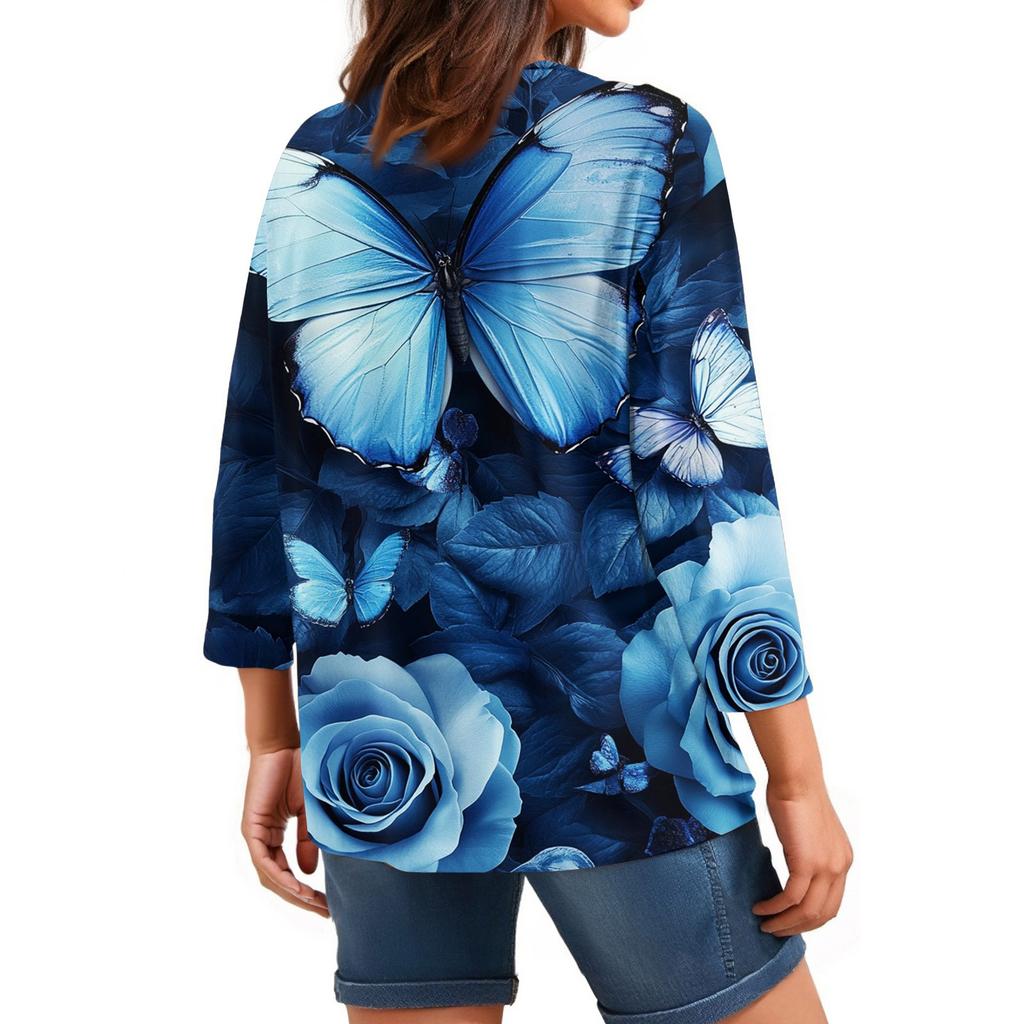 Women's Tops Three-quarter Sleeve Shirt V-neck Loose Casual Shirt Floral Print T-shirt