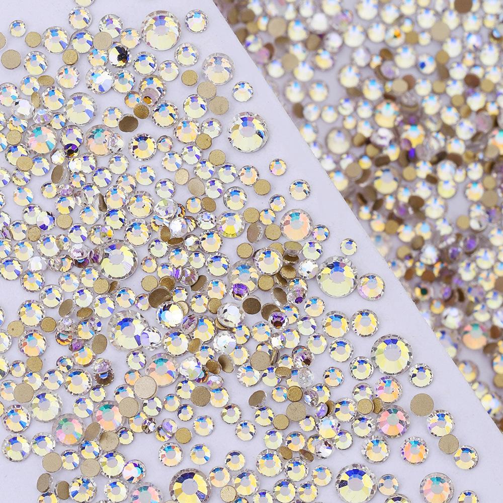 Pujiang Nail Art Strass Goldener Boden Gemischte Größe Flachboden Diamant Ungefähr 1440 Glas Aufkleber Diamanten Farbige Kleine Runde Diamanten