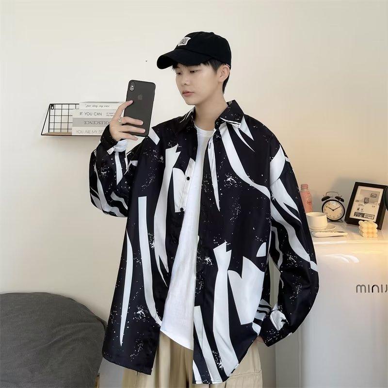 Autumn Retro Buckle New Chinese Style Stand Collar Shirt Men's Niche Graffiti Printing Design Sense Ruan Handsome Top