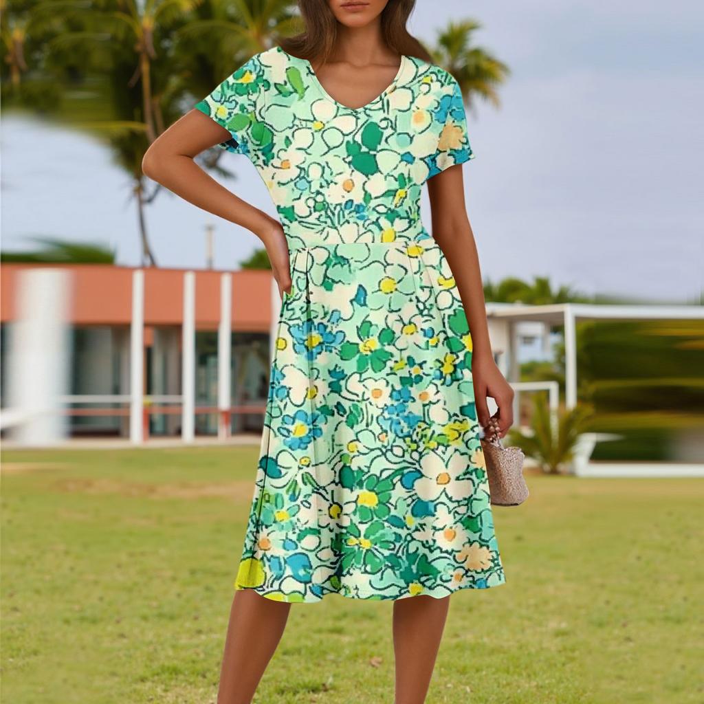 Ladies Summer Fashion Casual Floral Print V-Neck Short Sleeve Pocket Dress
