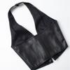 Black Faux Leather Halter Corset Top Lace Up Front Deep V Neck Boned Bustier for Women