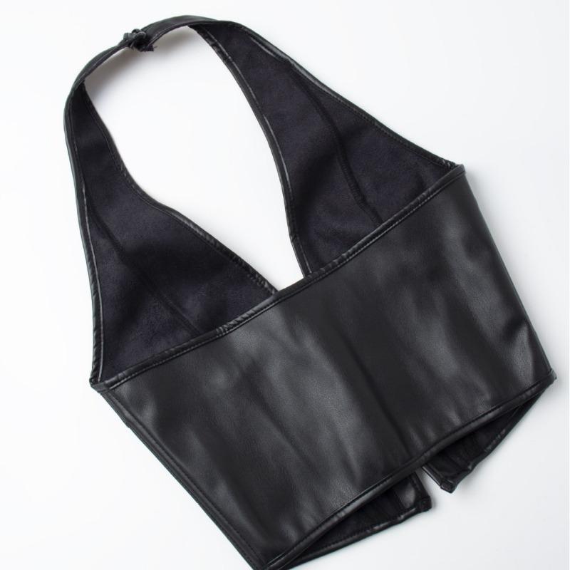Black Faux Leather Halter Corset Top Lace Up Front Deep V Neck Boned Bustier for Women