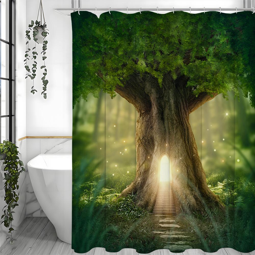 Tree Deep Forest Greenery Healing Green Shower Curtain, Bathroom Decorative Shower Curtain, Waterproof Shower Curtain with Hooks
