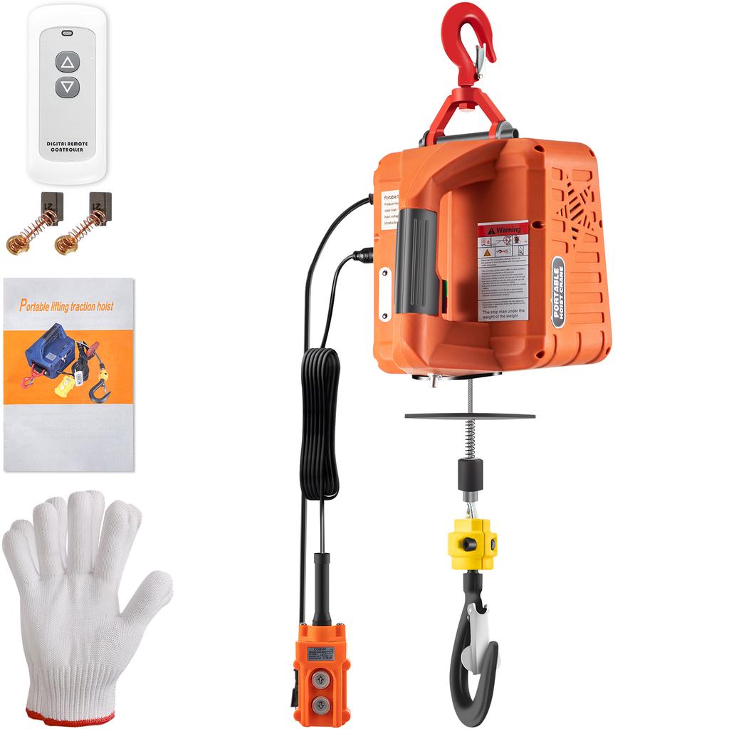 SucceBuy 500kg/1100lbs Electric Hoist Winch Portable Crane 25ft Lifting Height Wired Remote Control for Transportation