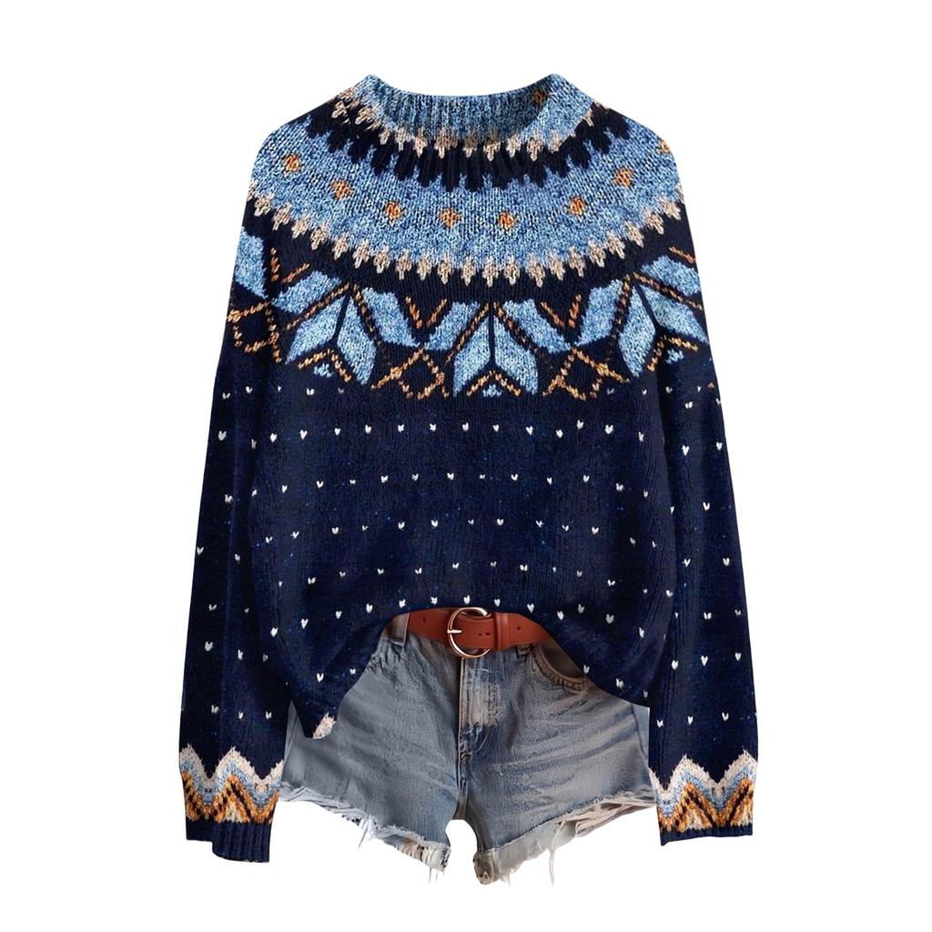 Women's Casual Long Sleeve Round Neck Soft Printed Sweater Pullover for Fall Winter