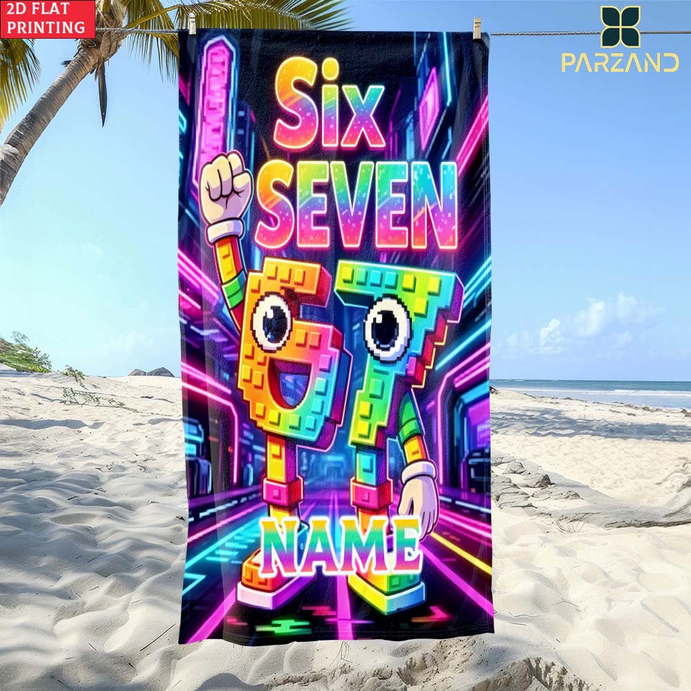1pc Neon Pixel Number 67 Personalized Name Beach Towel, Cyberpunk Kids Summer Pool Towel