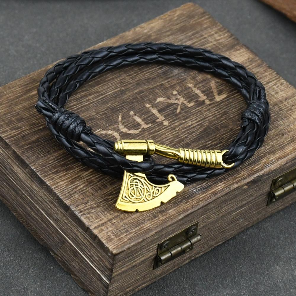 Pulsera de Hacha Vikinga Hecha a Mano Cuero Trenzado Multicapa Nudo Irlandés Joyería Pirata Para Hombres