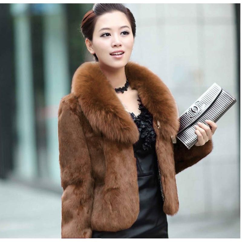 

Осень и зима новая имитация норки имитация меха короткая женская одежда воротник из искусственного лисьего меха короткая шуба из кроличьего меха кожаное пальто 5XL темно-коричневого