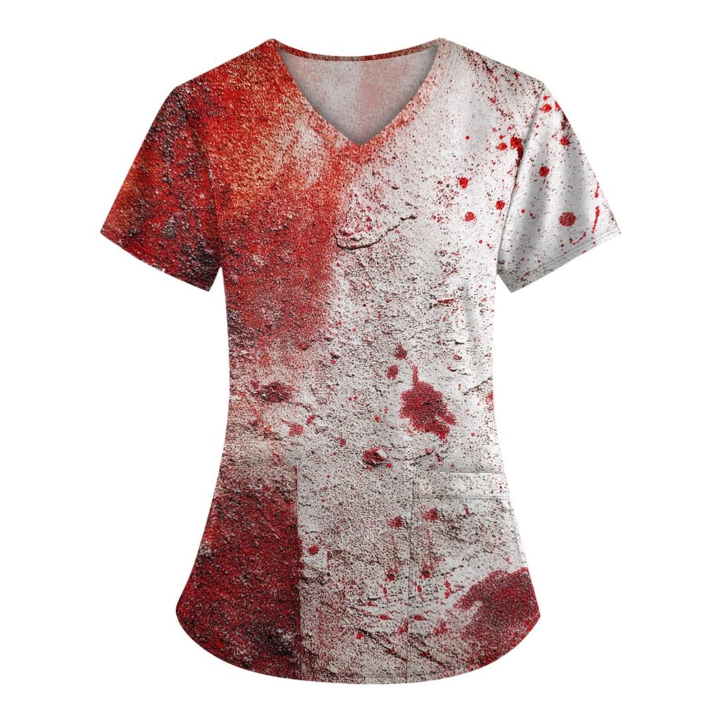 Plus SizePrinted Scrub Working Uniform Tops For Women's Cross V-Neck Halloween Print Short Sleeve Fun T-Shirts Workwear Tee With Pockets