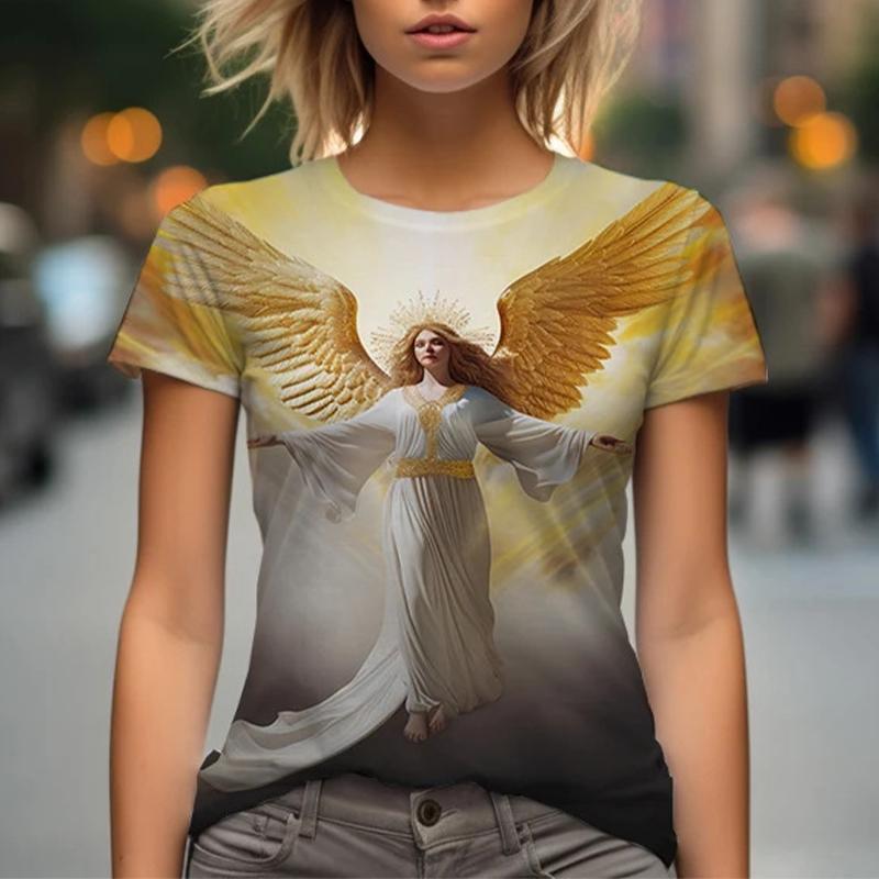 T-shirt da Donna con Stampa 3D Modello Angelo Estivo Moda Scollo a O Manica Corta T-shirt Y2k Harajuku Magliette Top Casual Abbigliamento Femminile