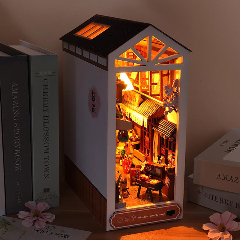 Bücherregal-Set Puppenhaus Holz Beleuchtet DIY Buchnische Bausatz 3D Puzzle Zusammenbau Gebäudemodell Buchstützen Geburtstagsgeschenke für Erwachsene