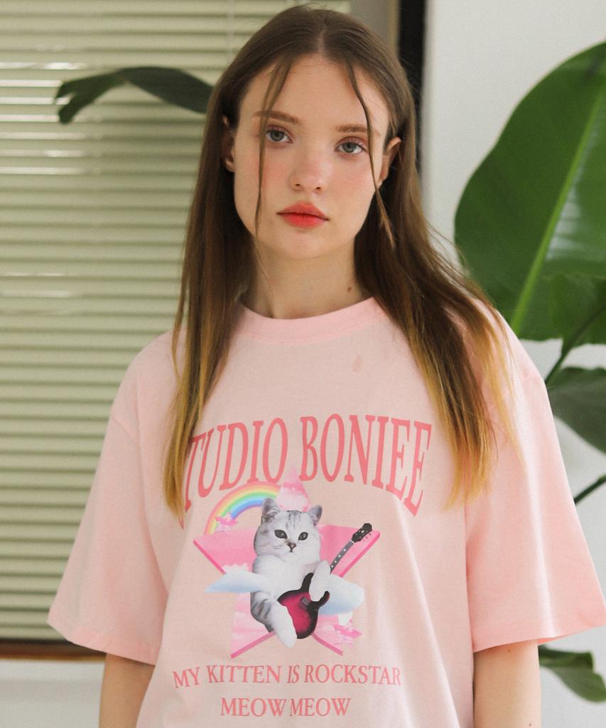BONIEE Cat Kitten Rockstar Graphic Loose Oversized T-Shirt Pink
