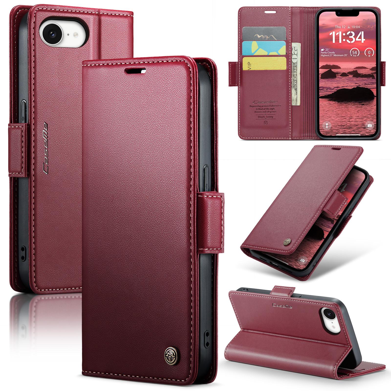 

For iPhone 16e Leather Case CASEME 023 RFID Blocking 3 Card Slot Mobile Cover Red