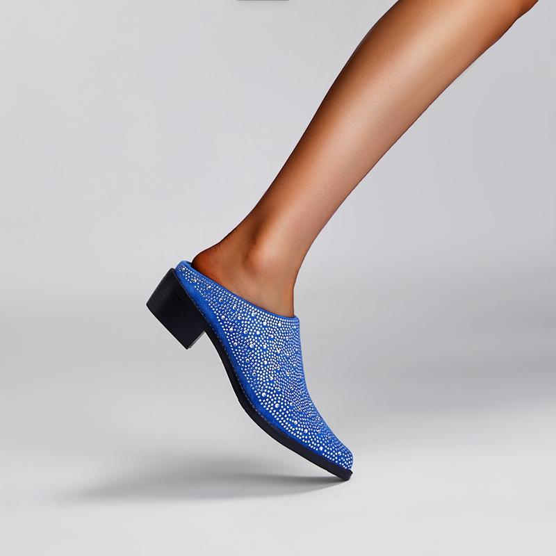 Fashion Women's New Summer European and American Comfortable Diamond Pointed Middle Heel Large Baotou Muller Slippers