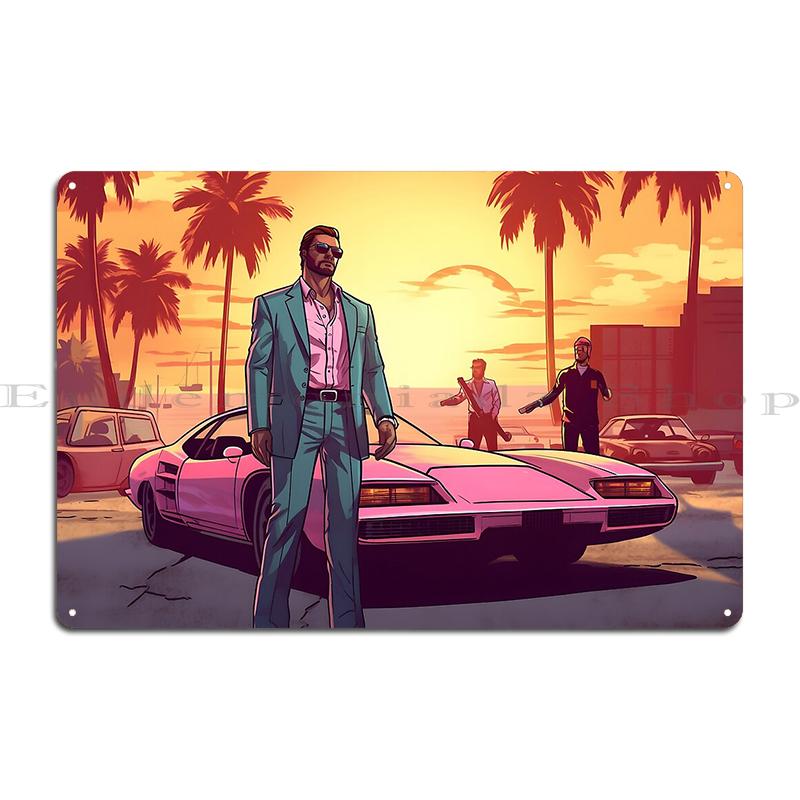 Nacht in Miami: Vaporwave-Vibes Oldtimer in Vice City Metalldekoration Clubparty Malerei Dekor Kino Blechschild Poster