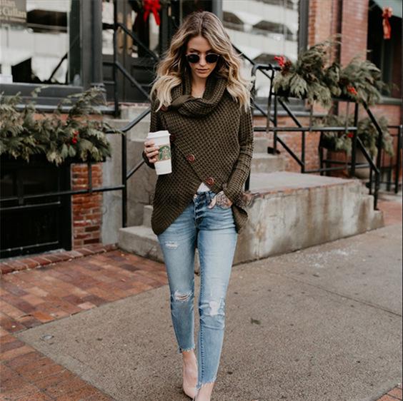 Women's High Neck Solid Color Knit Pullover Sweater 2026
