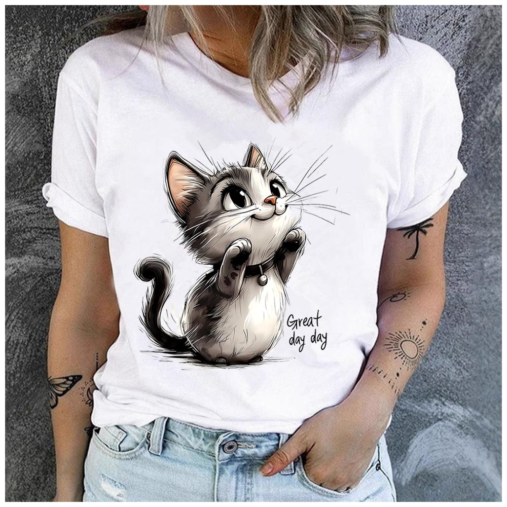 Unisex 100% Polyester Summer Top Great day day Hand-drawn style cat Print Loose round Neck Short Sleeve Fashion for Lovers