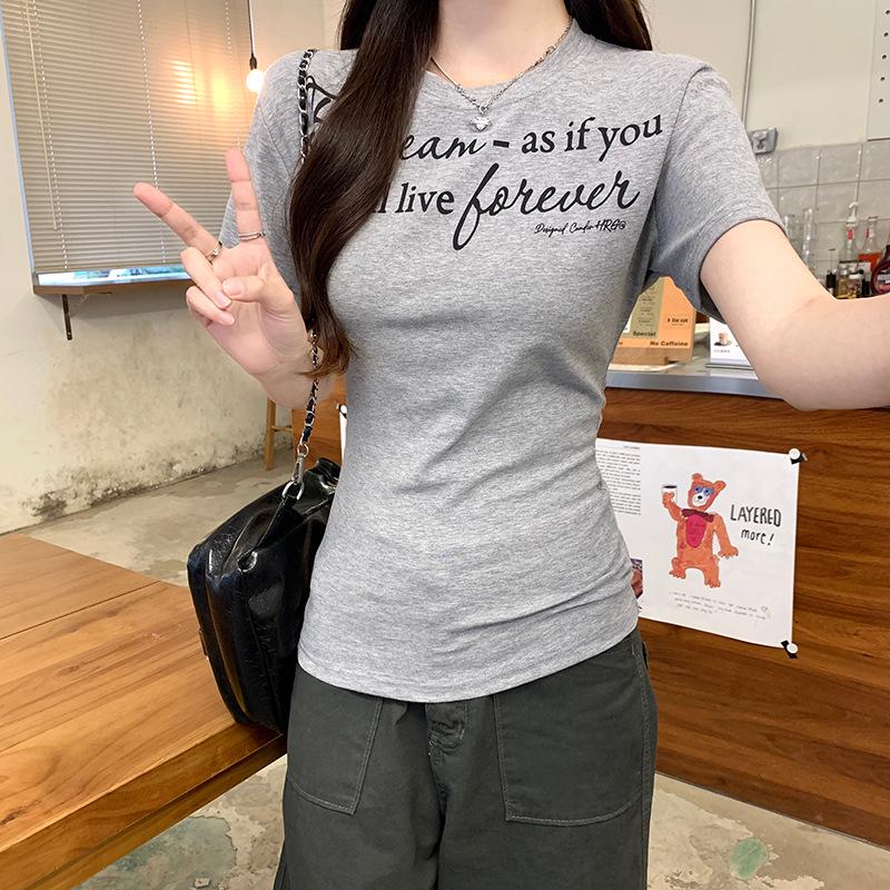 

Women s Summer 2025 Slim Chic Gray Short Sleeve T-Shirt - Korean Design S Premium серый