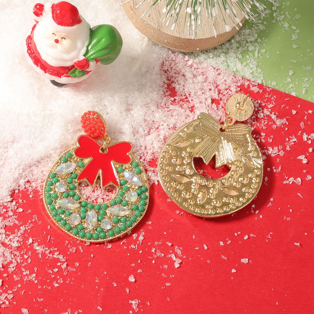 Christmas simple fashion drop oil red bow rice bead zircon geometric niche versatile earrings