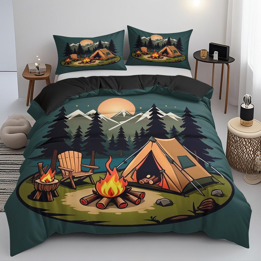 Cartoon Camping Tent Campfire Pattern Down Duvet Cover Set Fashionable Classic Popular Digital Printed Bedding Set HD Printing