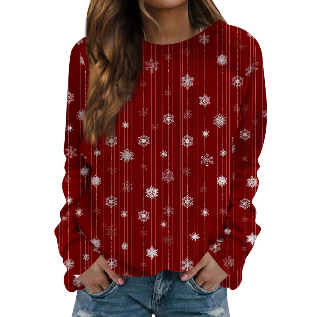 Damen Modisches Lässiges Langarm Retro Weihnachts Schneemann Print Rundhals Oberteil
