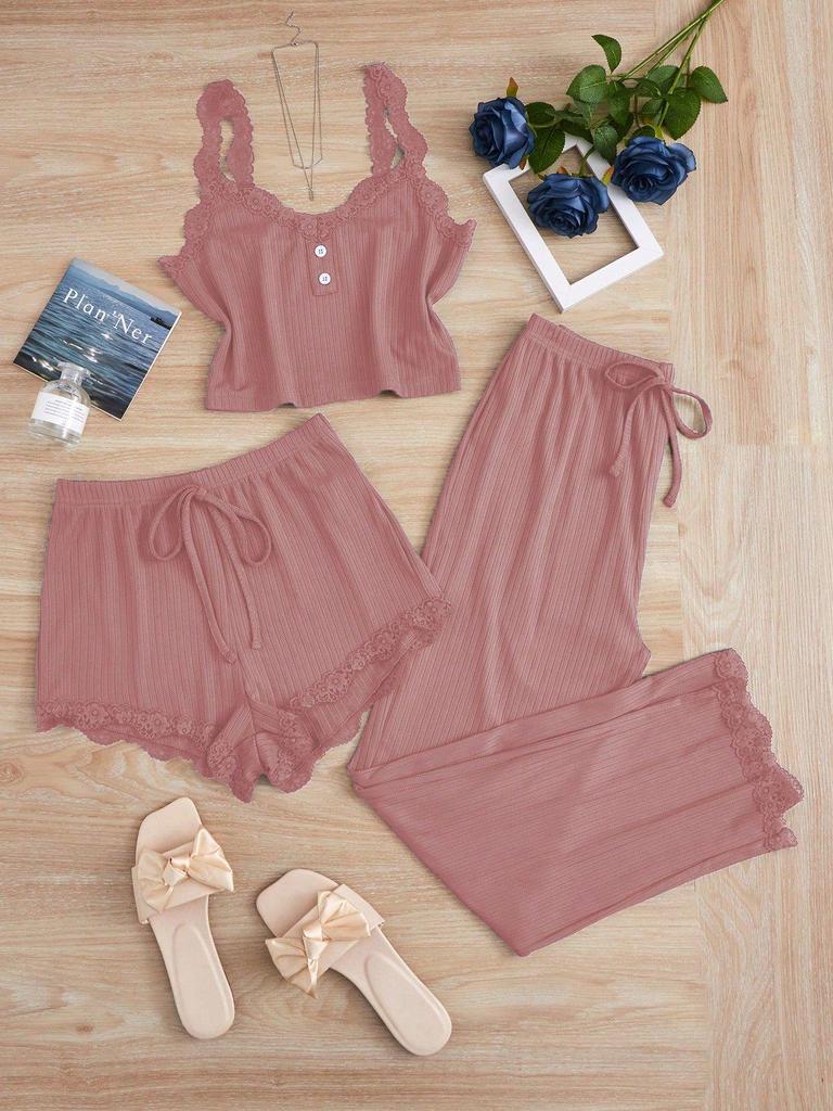 Beliebtes Damen-Spitzen-Pyjama-Set: Dreiteiler mit Shorts, langer Hose und Camisole – Sexy Homewear