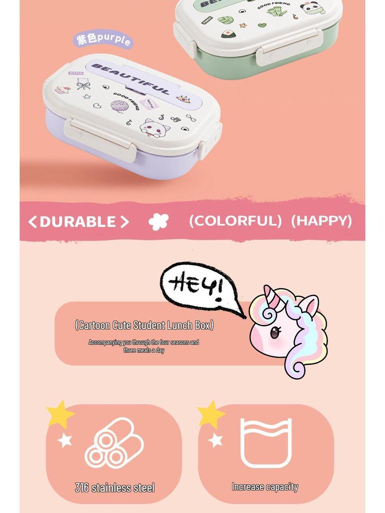 Boîte à lunch Bento pour enfants, à couvercle rabattable, en acier inoxydable 316, compatible micro-ondes, avec compartiments pour les aliments, à décorer soi-même et décorée de dessins animés.