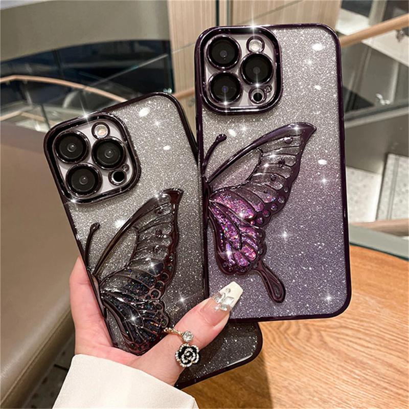 Bling Glitter Cute 3D Butterfly Flowing Quicksand Case For iPhone 16 15 11 12 13 14 Pro Max Gradient Color Soft Plating Cover