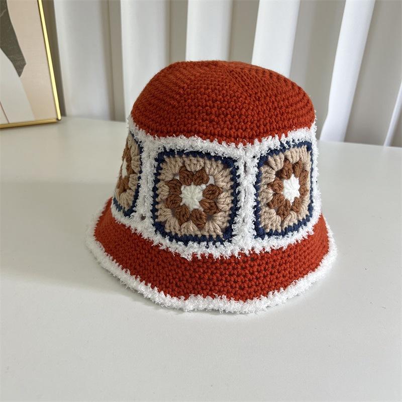Summer new knitted flower pattern bucket hat sun hat outdoor cover full face fashion versatile sun hat