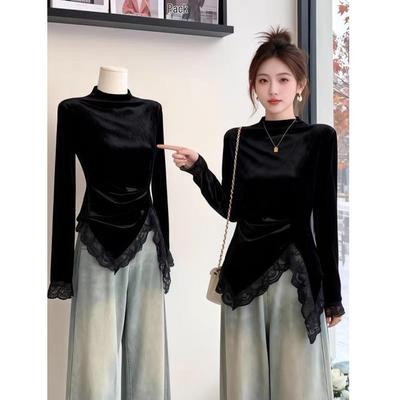 Elegant Korean Velvet Lace Patchwork Long Sleeve Half-High Collar T-Shirt for Women