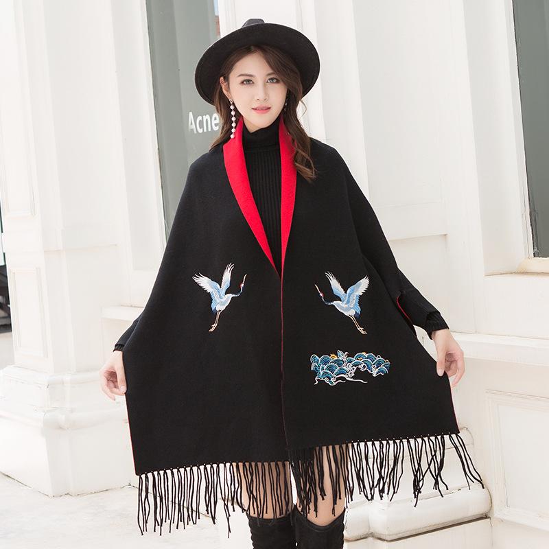 Women's cape shawl with sleeves for autumn and winter, thickened and warm, cashmere embroidered scarf, knitted cape, dual-use coat