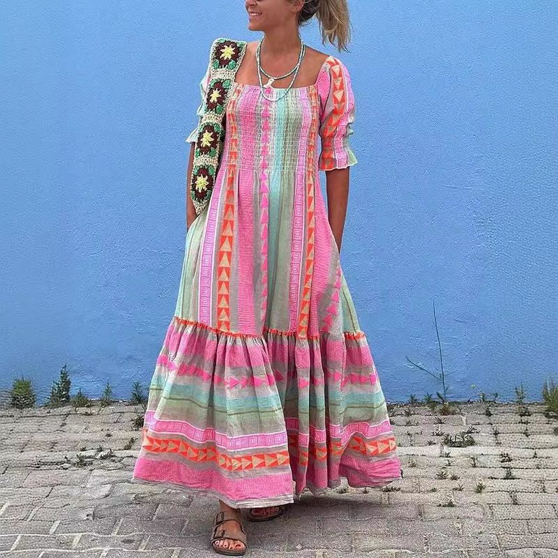 

Women s Colored Geometric Blocks Bohemia Casual Holiday Pleated Patchwork Half Sleeve Square Collar Dress Pink S