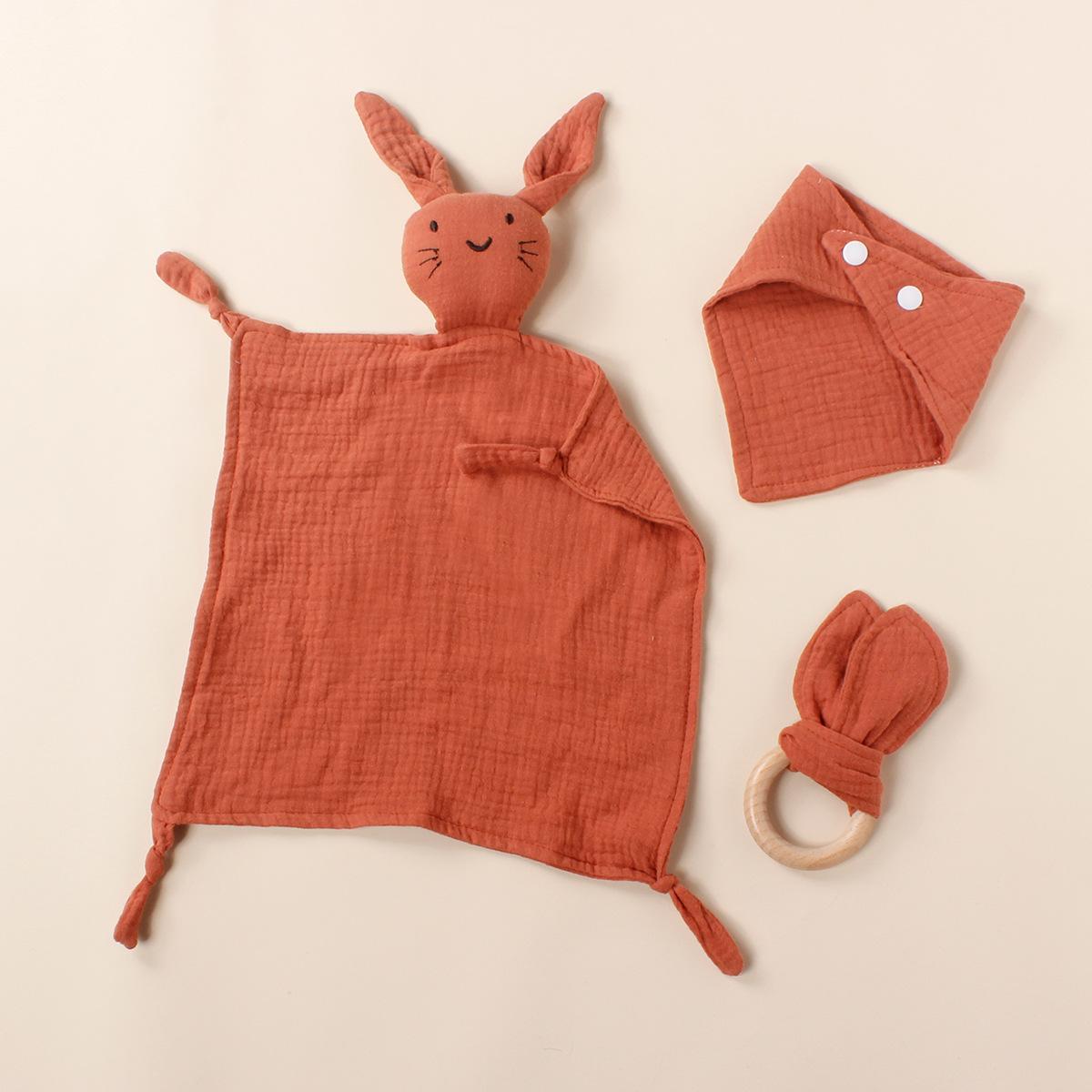 

3pcs Cat Face Embroidered Square Scarf Triangular Scarf Rabbit Ear Wooden Ring Tie Set Baby s Comfortable Soft Drool Towel brick червоний колір