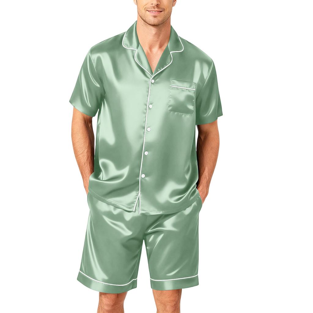 Men's Short Sleeve Pajama Set Button Down Shirt with Curved Hem and Matching Shorts Soft Lightweight Lounge Sleepwear S-XXXXL