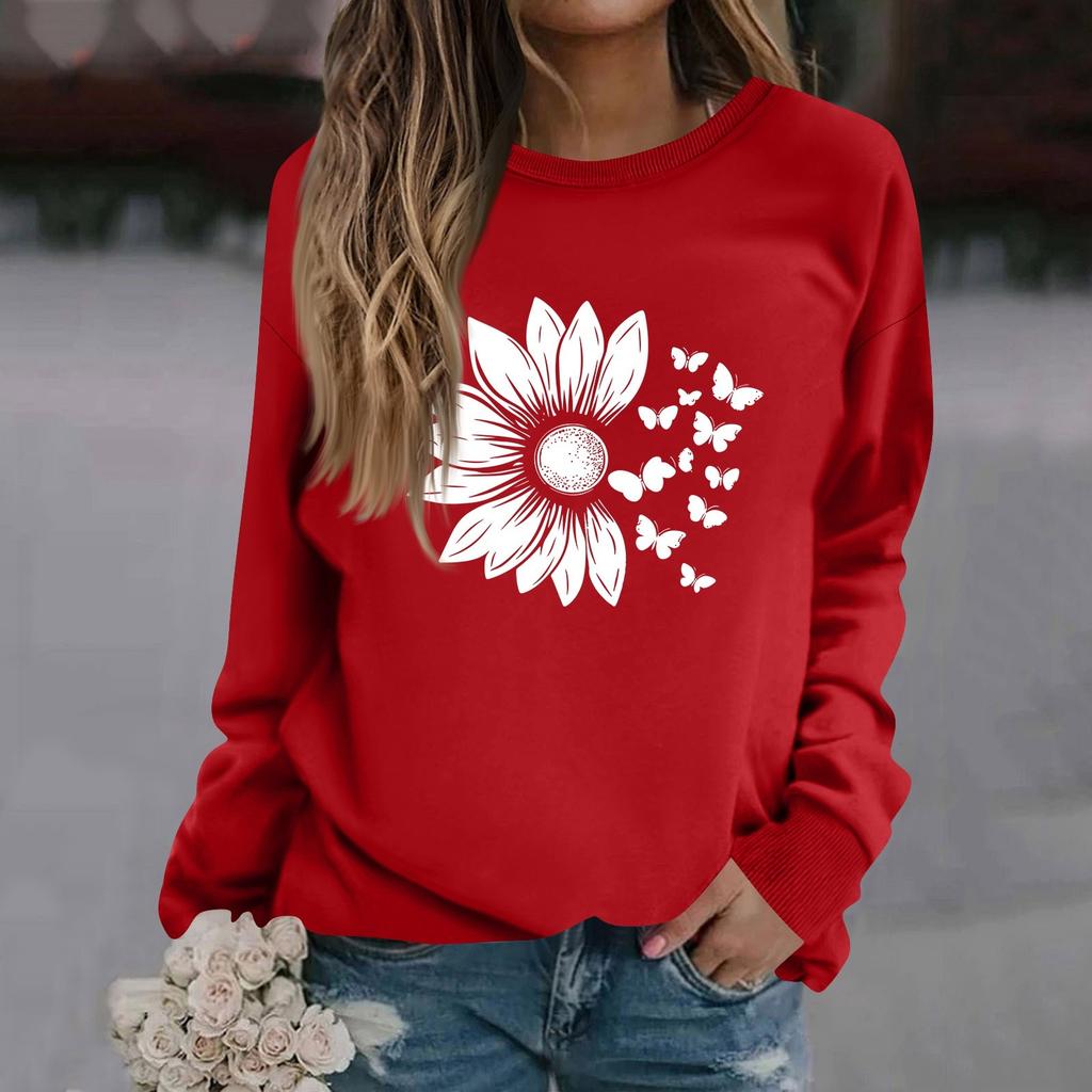 Women's Fashion Casual Long Sleeve Solid Color Printed Round Neck Top Sweatshirt