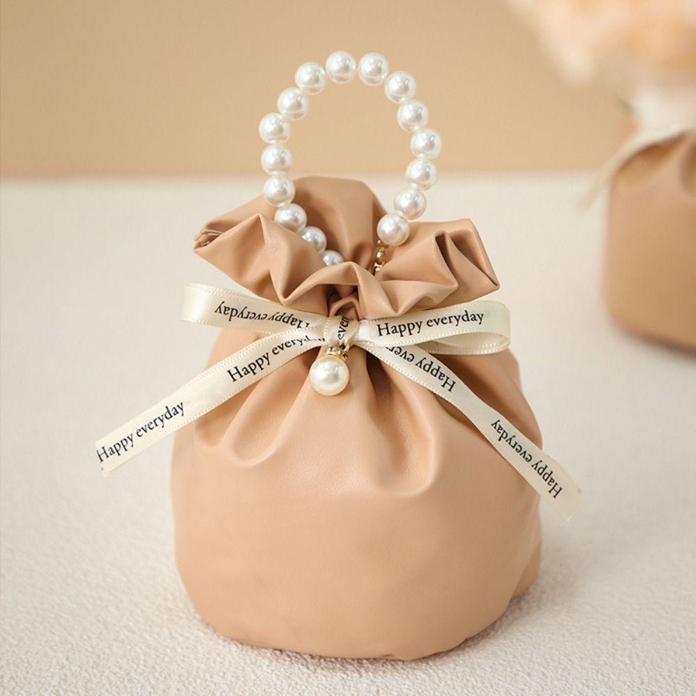 Solid Color PU Drawstring Bag Storage Bag Wedding Candy Bag Pearls Handle Wrist Bag  Festival