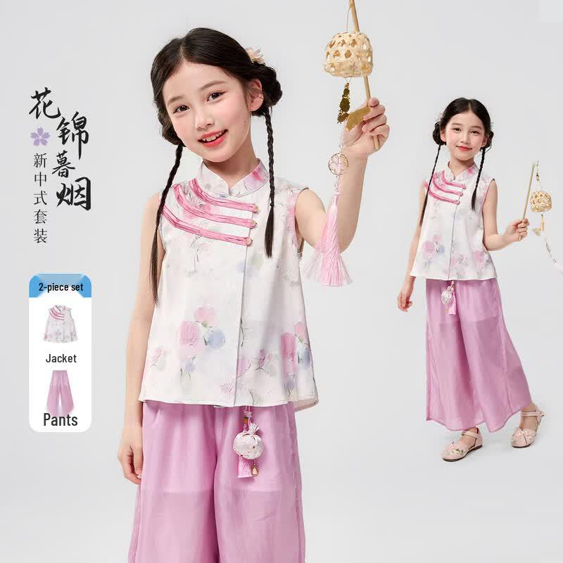 Girls New Chinese Style Sleeveless Top & Wide-Leg Pants Set 170