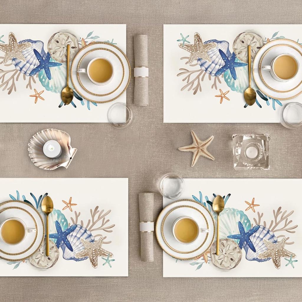 Bonhause Nautical Coastal Placemats Set of 4, 12x18 Inch Beach Starfish Seashell Ocean Coral Summer Kitchen Dining Table Mats Washable Place Mats for