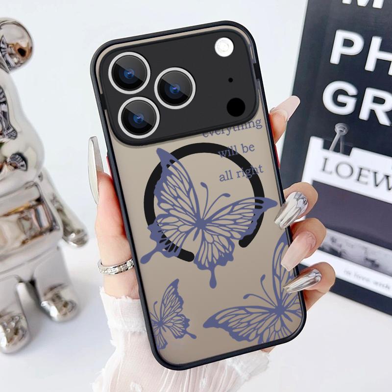 Magnetic Butterfly Pattern Phone Case For iPhone 17 15 16 Pro Max 14 13 Pro 17 For Magsafe Wireless Charge Soft Edge Hard Cover